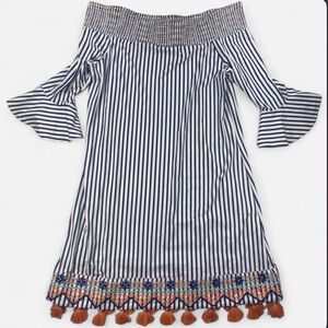 Cabana Life Women’s St. Barts Off Shoulder Dress Blue Stripe Peach Tassel Large